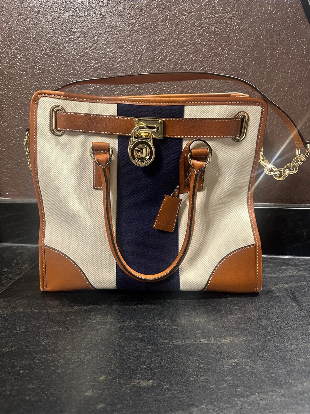 Michael Kors Cream Canvas Satchel with Navy Stripe and Brown Leather Trim